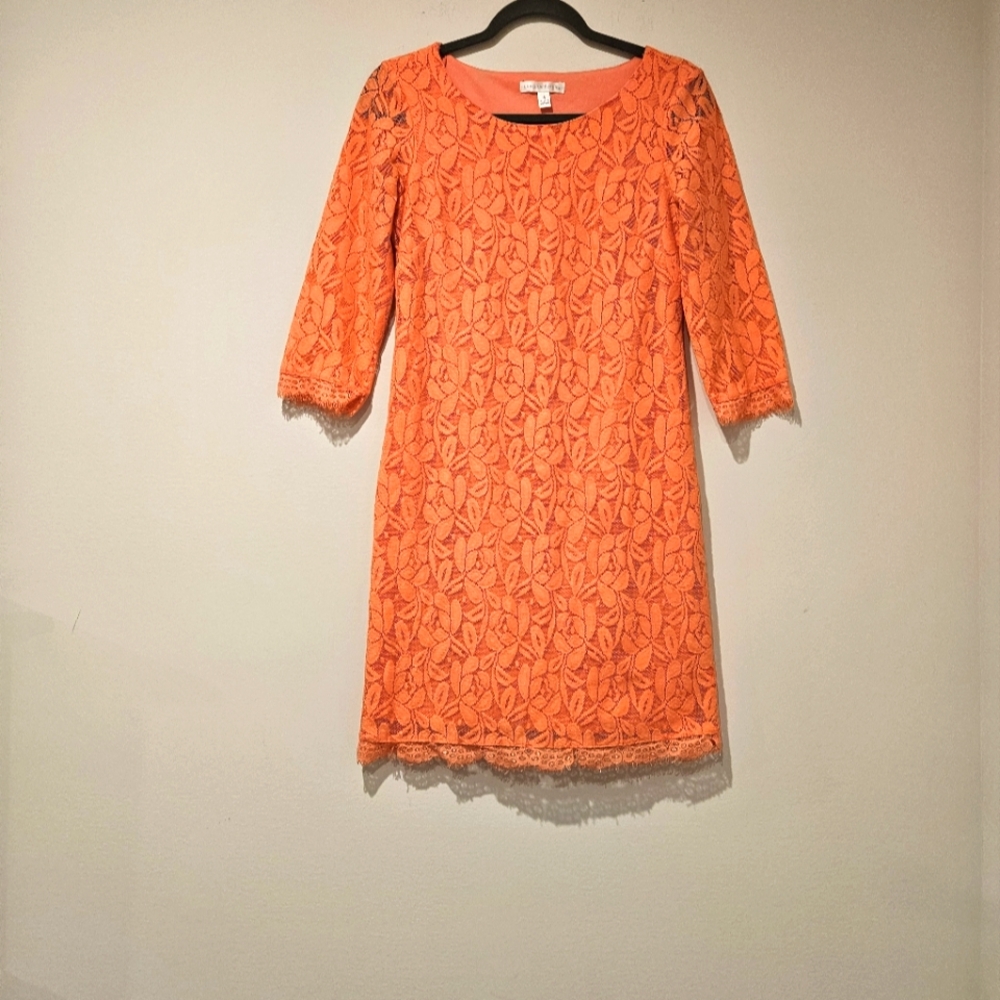 London Times Coral Lace 3/4 Sleeve Dress, Size 4